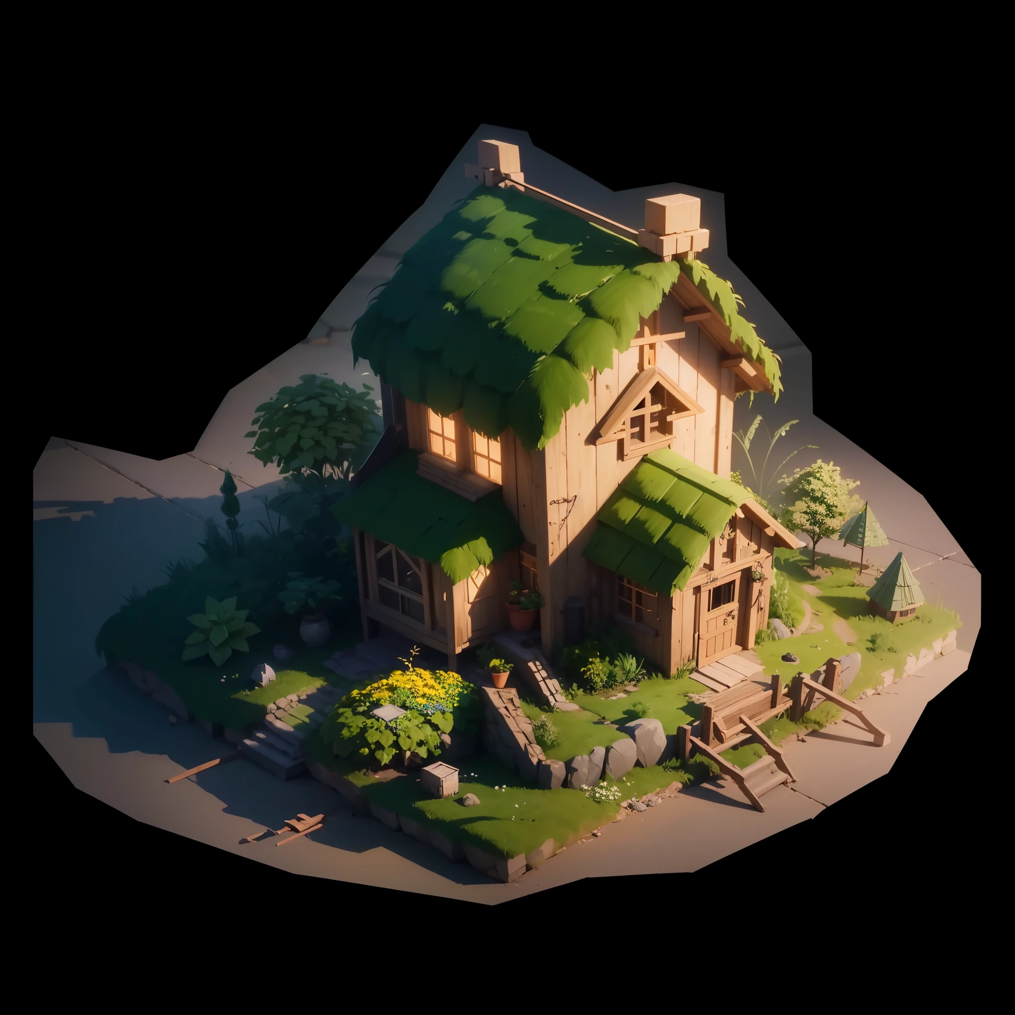 Isometric house，Isometric 3D，masterpiece,，Extremely detailed CG unified 8k wallpaper，best quality，Best Illustration，best shadow，Small house full of plants，octane rendering，Ray tracing，Super detailed，Rooftop covered with plants，More plants，The screen displays the complete，Empire Style，Stone walls。