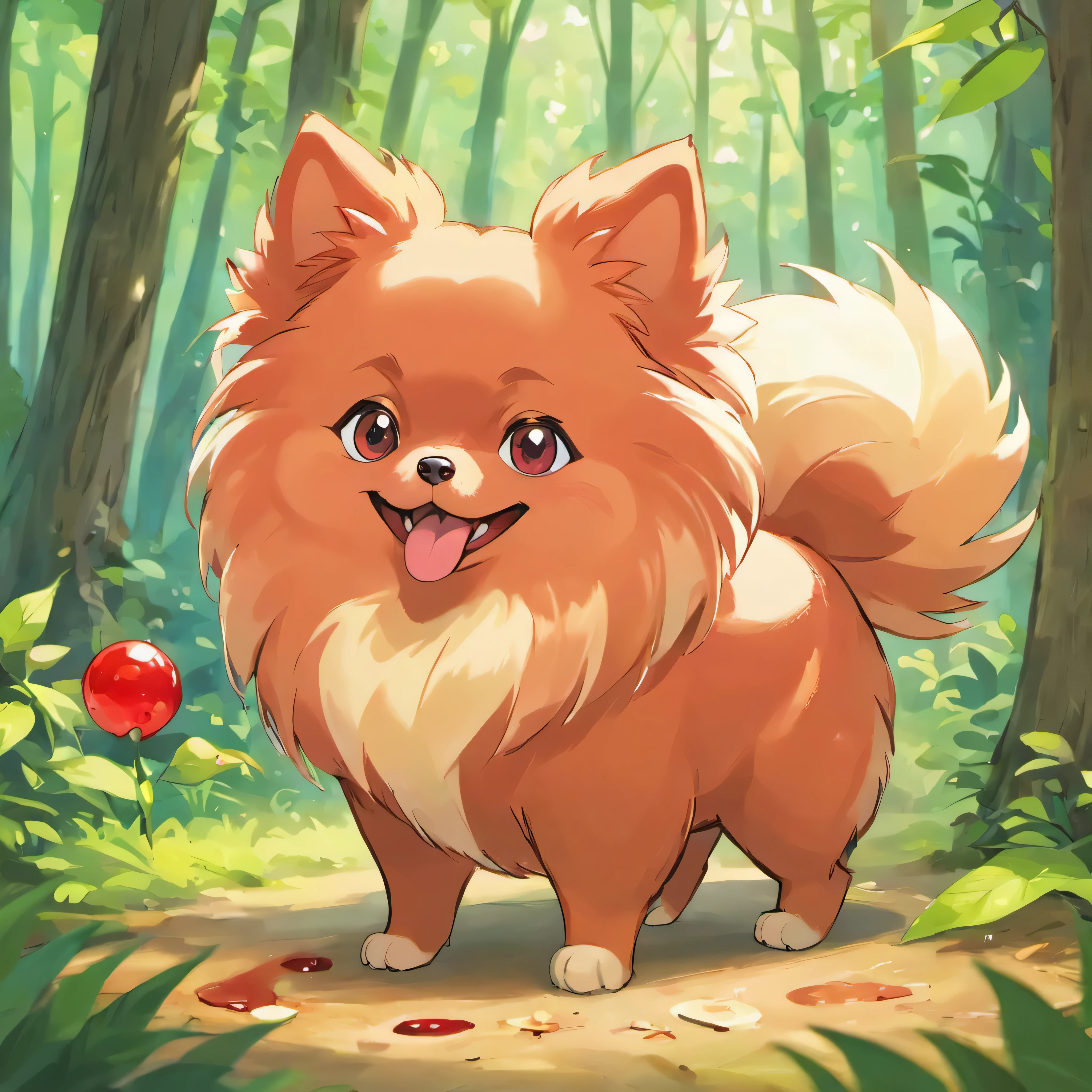 pomeranian , Red Pomeranian , in the woods , Eating a mouse , Blood