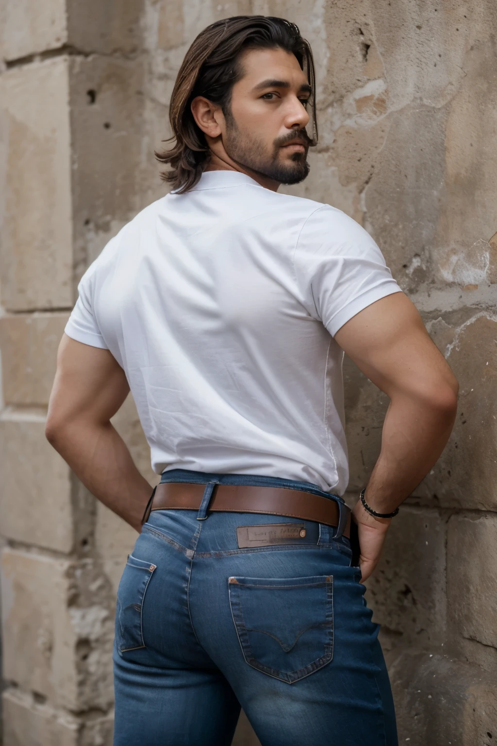 retrato de Richard, un hombre guapo mayor , pelo de sal y pimienta , barba mediana , wearing jeans with a big black belt , vistiendo una camisa a cuadros roja. Nalgas grandes de hombre. Backside nalgon
