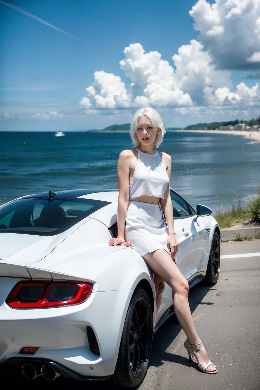 seaside,Beauty,white hair,Next to the sports car,sea,Blue sky and white clouds