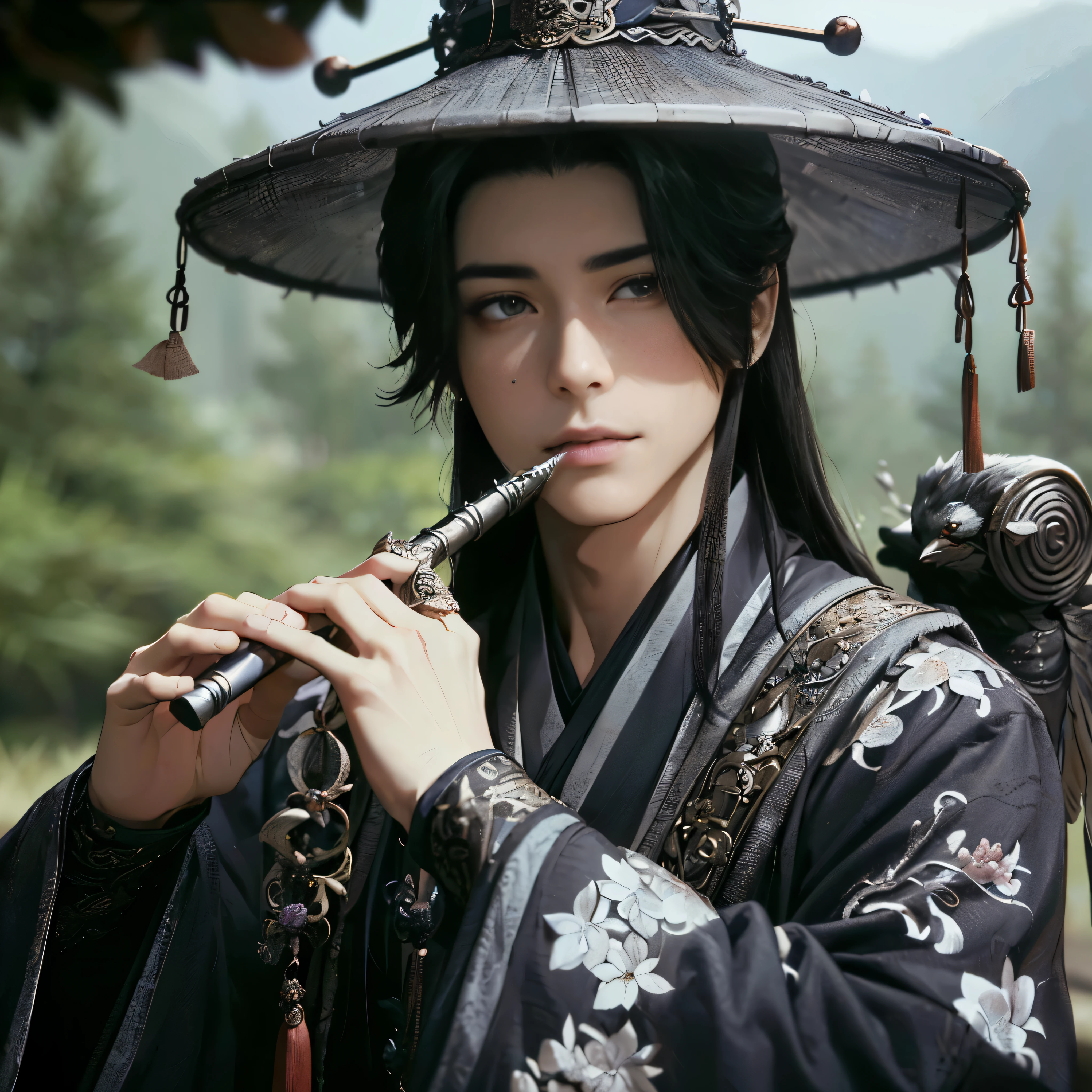 (Best Quality:1.2), (high resolution:1.2), (beautiful face and eye:1.2), (sharpest focus:1.2), (Ultra-realistic Photo:1.2), (Ultra-precise Photo:1.2), (Depth of field:1.2), (8k high resolution:1.2), (perfect anatomy:1.2), (nice hands:1.5), 
(perfect hands:1.5), (Very young and masculine and dignified and beautiful Chinese male:1.5), (Beautiful nobleman:1.0), (A beautiful nobleman:1.0), (A shiny black hermit-like garment with fancy embroidery:1.0), (A gentle smile:1.3), 
(Playing an iron flute:1.5), (A secluded hermit-like place deep in the mountains of China:1.0), (A mysterious fairyland:1.2), (Birds and animals gathered to listen to the sound of the flute:1.3), (Looking up angle:1.0), 