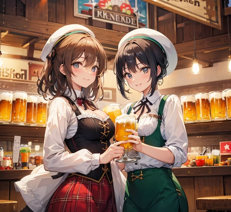 A male and a female in oktoberfest drinking Beer   together, holding Beer   glass, Beer  , smile, Romantic atmosphere, Fun atmosphere, landscape