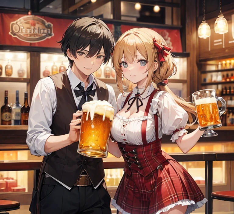 A group of male and female drunk together in oktoberfest drinking beer together in tavern, a lot of people, holding beer glass, beer, drunk, laugh, romantic, happy atmosphere, landscape