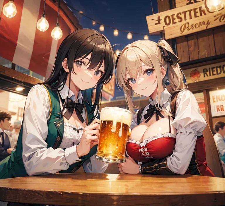 A male and a female in oktoberfest drinking Beer  together, holding Beer  glass, Beer , smile, romantic atmosphere, happy atmosphere, landscape