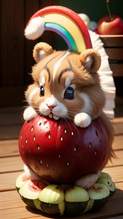 :3. Rainbow bunny baby, actual, hairy, animals in clothes, apple, Bear, Teak, cherry, food, fruit, whole body, have, non-human, strawberry, tomato, watermelon