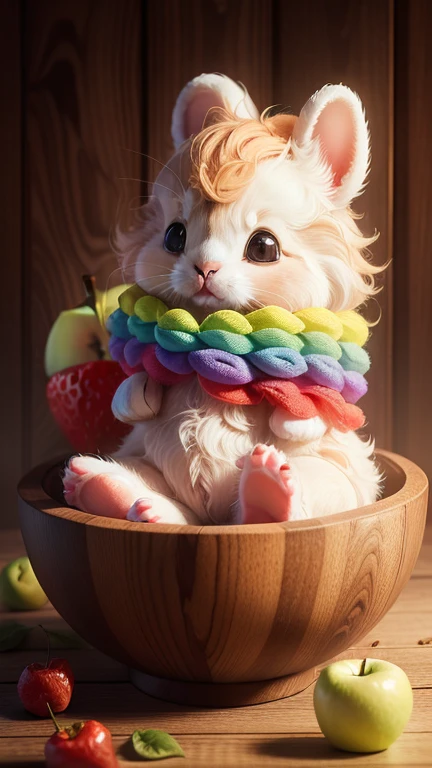 :3. Rainbow bunny , actual, hairy, animals in clothes, apple, Bear, Teak, cherry, food, fruit, whole body, have, non-human, strawberry, tomato, watermelon