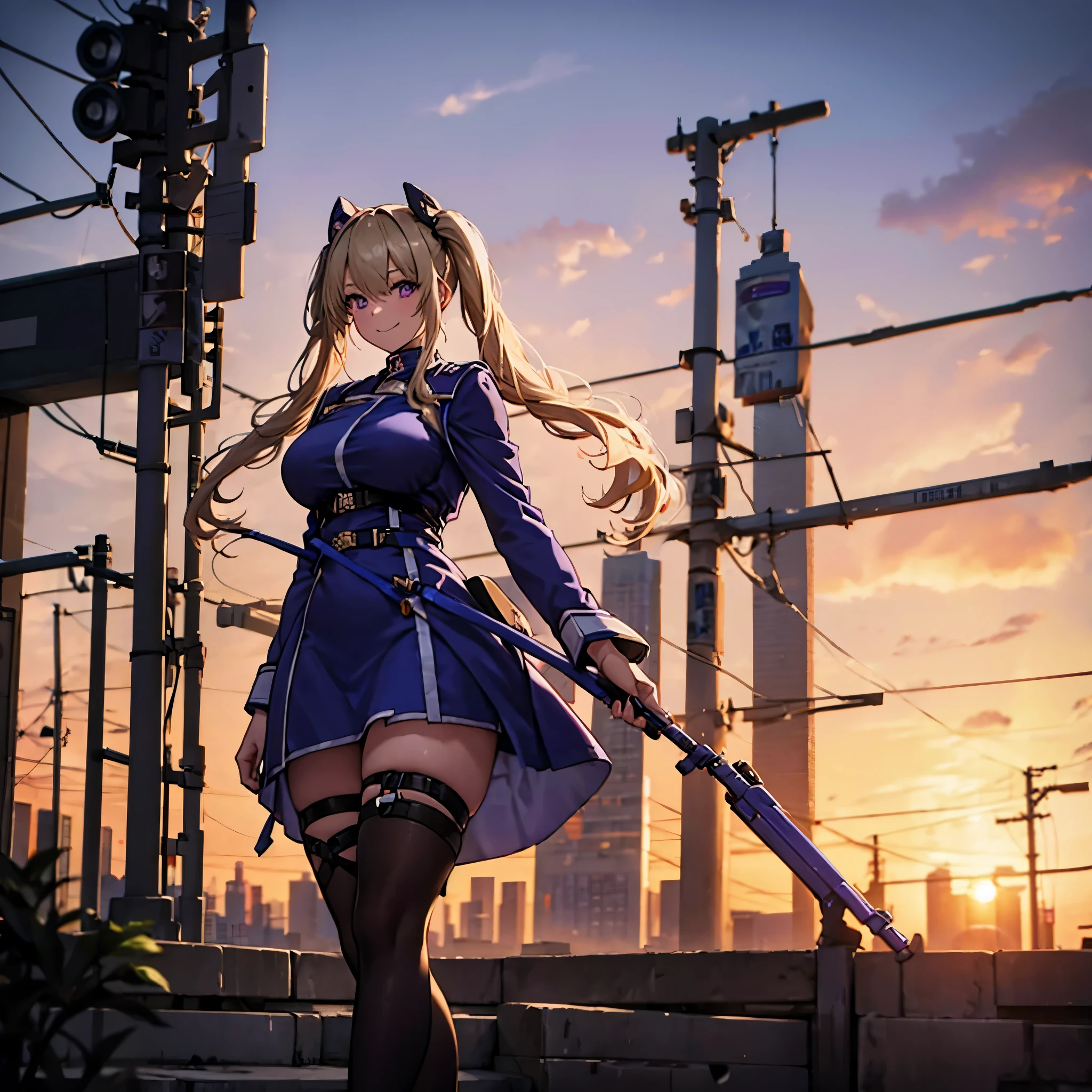 A woman wearing a dark blue military dress with white details, purple eyes, beige blonde hair, pigtails, smiling, walking on a sidewalk in a big city, large buildings around, at sunset, lighting, HDR. ultra resolution, masterpiece, perfect, very detailed, 8k hd (just a woman, solo)
