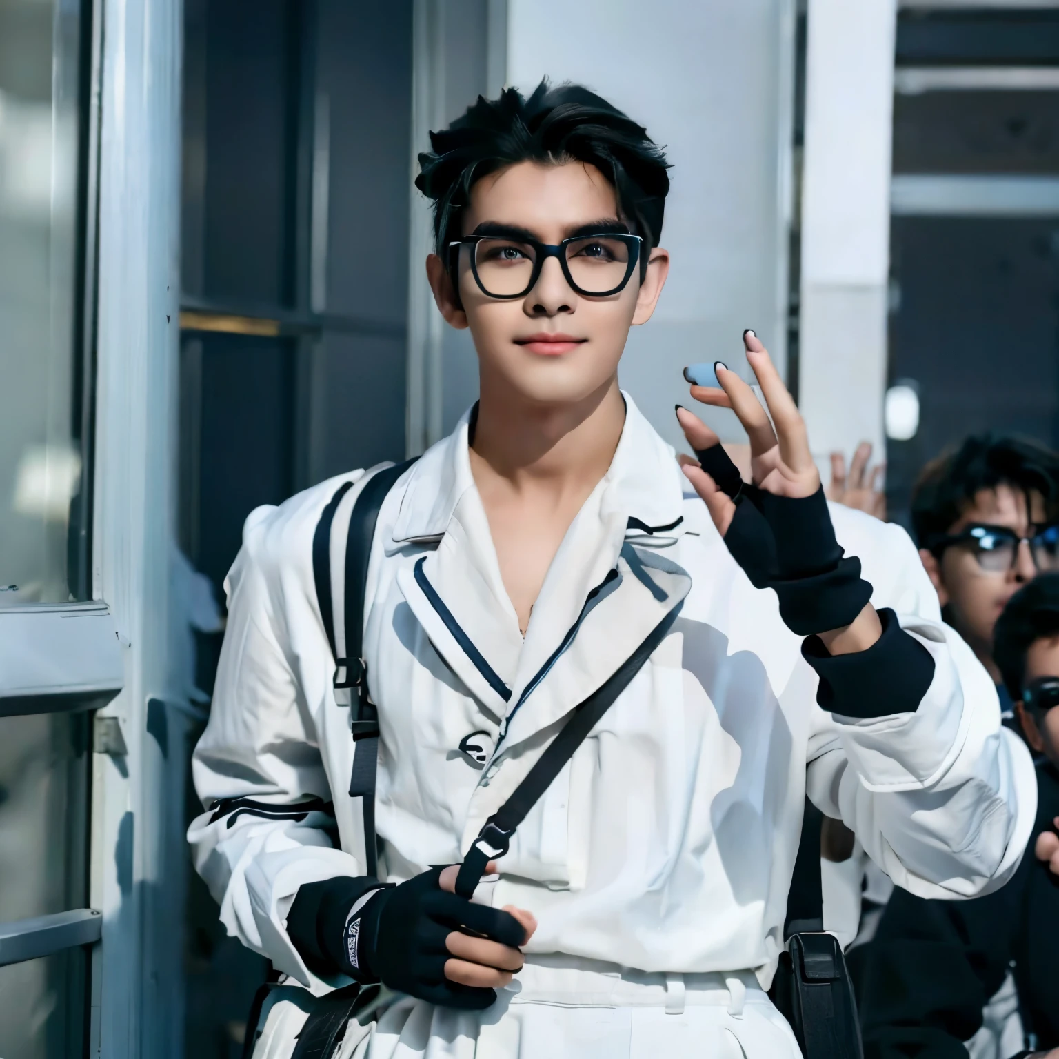 A 15-year-old boy with wavy dark navy hair, holding a phone, slim, wearing a black face mask and round  glasses, white plain uniform with blank pants, hair half tied (man bun), wearing fingerless gloves (black and white stripes fingerless gloves), doesn't look at the camera but look at the phone, long black nails,