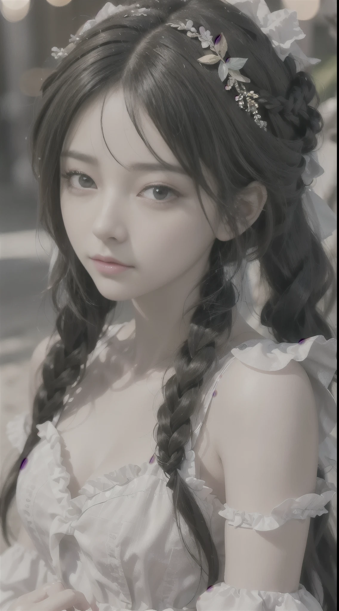 highest quality, ultra nothing, realistic, beautiful woman pictures, teens in their 30s, detailed face, black messy fishtail braid, (elaborate porcelain dolls,Delicate clothes with lots of frills and ribbons), beach, (close up face), fascinating look, looking at the viewer