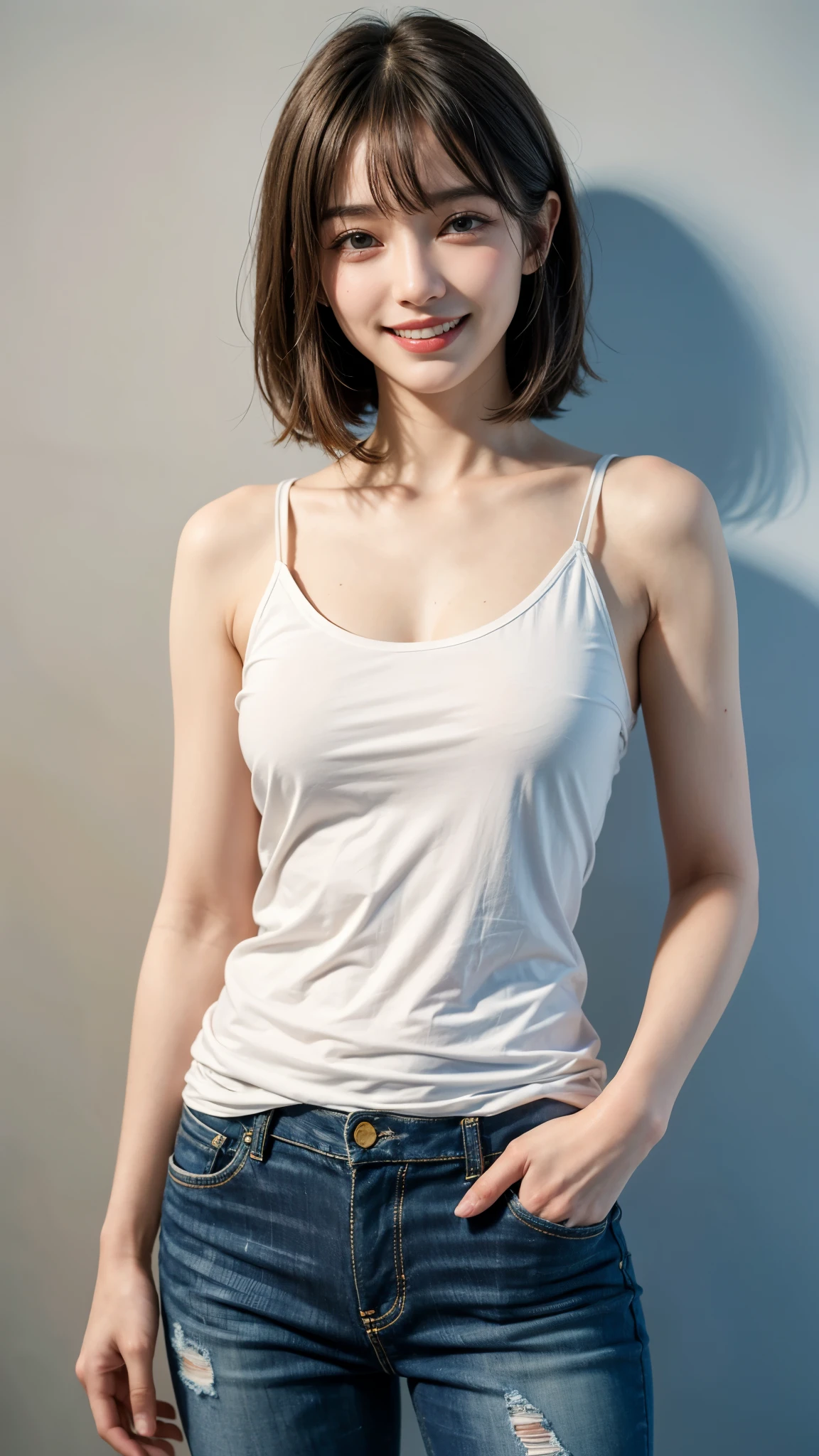 highest quality, masterpiece, ultra high resolution, (realistic:1.4), 20-year-old,1 girl,super high quality,8K,thinウエスト,thin脚,thin and beautiful arms,beautiful fingers,((Super realistic image quality)),sale eye makeup,thin,Medium chest,soft chest,(((生地thin短いタイトな穴あきＴShirt and distressed jeans only))),The shirt is short、 ,,beautiful breasts,((straight hair to shoulders)),((Bangs short hair)),realistic,picture media chest)),((toothy smile)),((big smile))