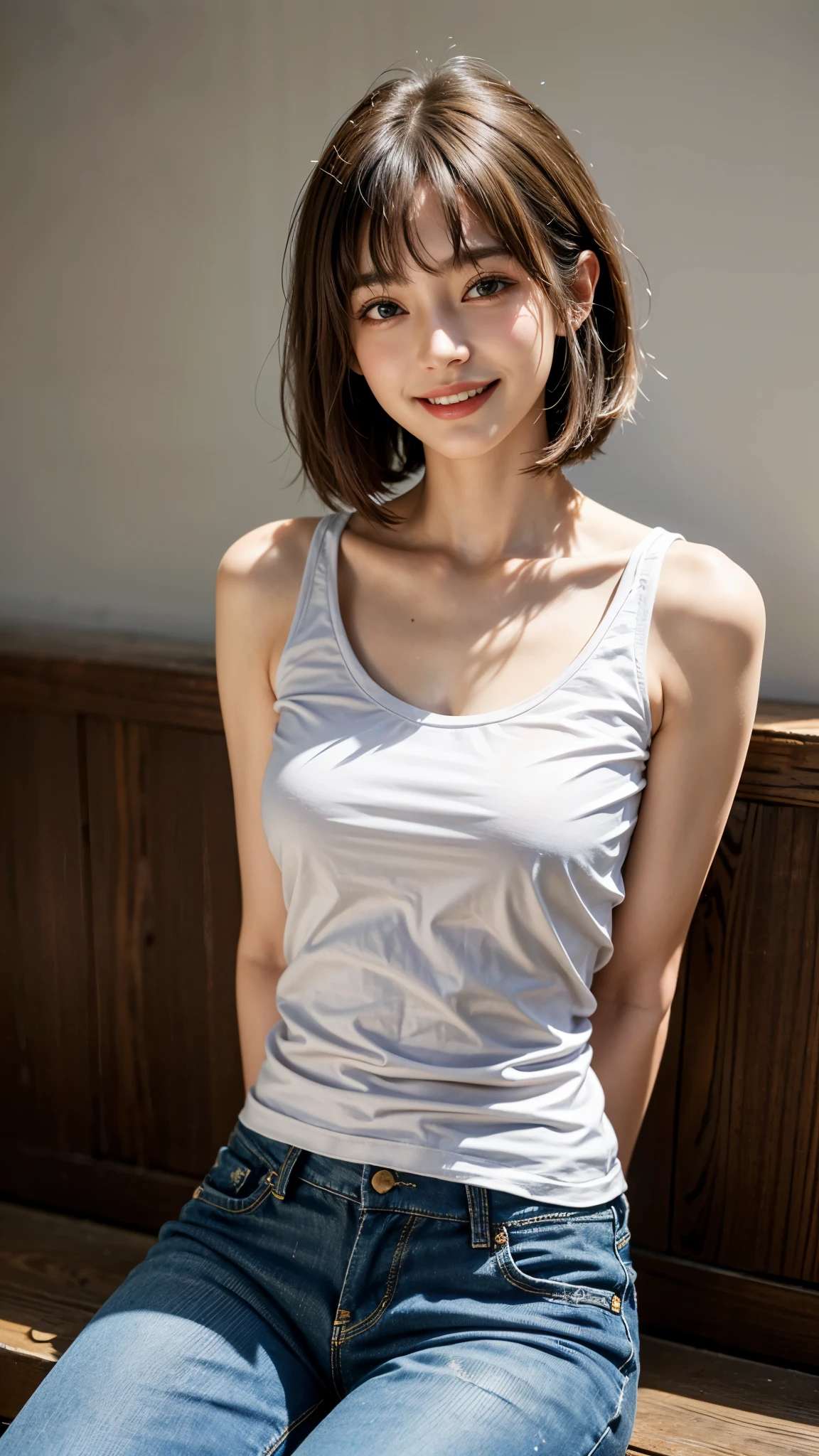 1girl, 25years old woman, (perfectly detailed face), (((Tank tops))), Slim body, Small breasts, medium breasts, large breasts, cute face, beautiful face, ((looking at viewer)), Simple Background, ((white background)), ((white wallpaper)), White skin, (bright lighting:1.2), perfect lighting, armpits, Show one armpit, Smooth and beautiful armpits, smile, photorealistic, (bokeh), UHD, anatomically correct, highres, masterpiece