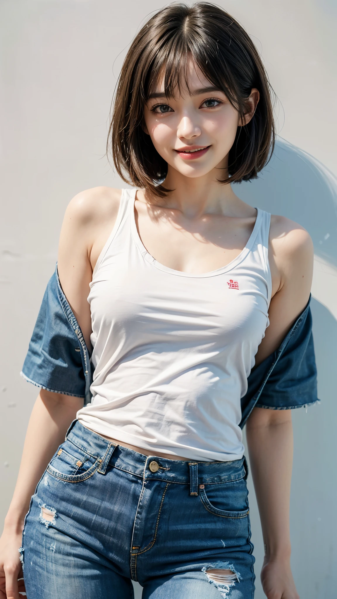 highest quality, masterpiece, ultra high resolution, (realistic:1.4), 20-year-old,1 girl,super high quality,8K,thinウエスト,thin脚,thin and beautiful arms,beautiful fingers,((Super realistic image quality)),sale eye makeup,thin,Medium chest,soft chest,(((生地thin短いタイトな穴あきTShirt and distressed jeans only))),The shirt is short、 ,,beautiful breasts,((straight hair to shoulders)),((Bangs short hair)),realistic,picture media chest)),((toothy smile)),((big smile))