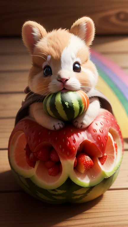 :3. Rainbow bunny baby, actual, hairy, animals in clothes, apple, Bear, Teak, cherry, food, fruit, whole body, have, non-human, strawberry, tomato, watermelon
