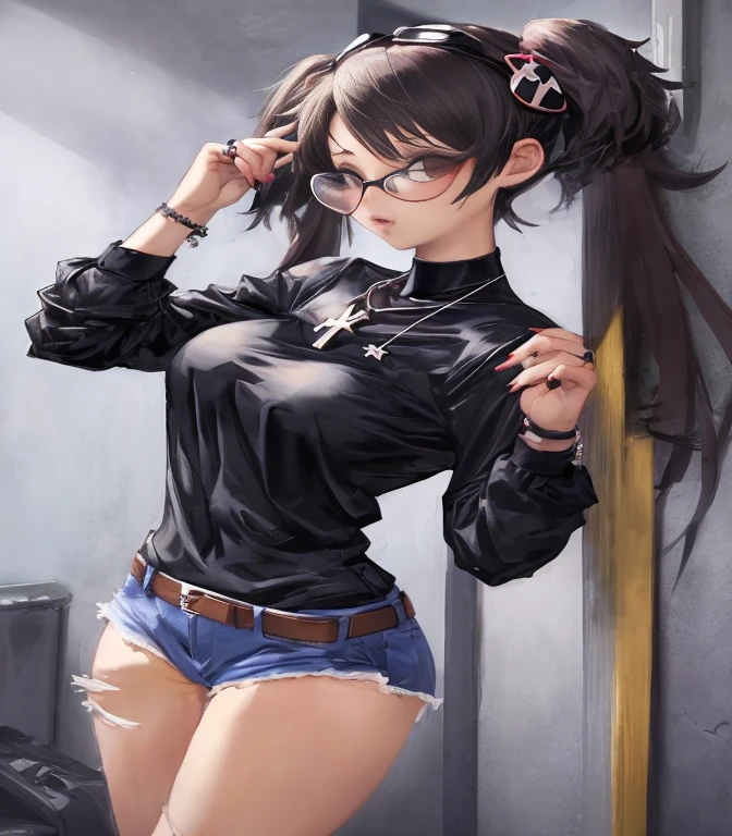sexy woman, have big breasts, Black long sleeve comma shirt、A necklace with a cross in the center of the black clothing near the chest, vírgula Wearing goggles, short black hair, very bright, beautiful, she looks up and poses, A denim shirt that goes well with black clothing, Wearing goggles, A silver cross necklace is attached to the center of the chest., muito sexy Wearing goggles olhos vermelhos