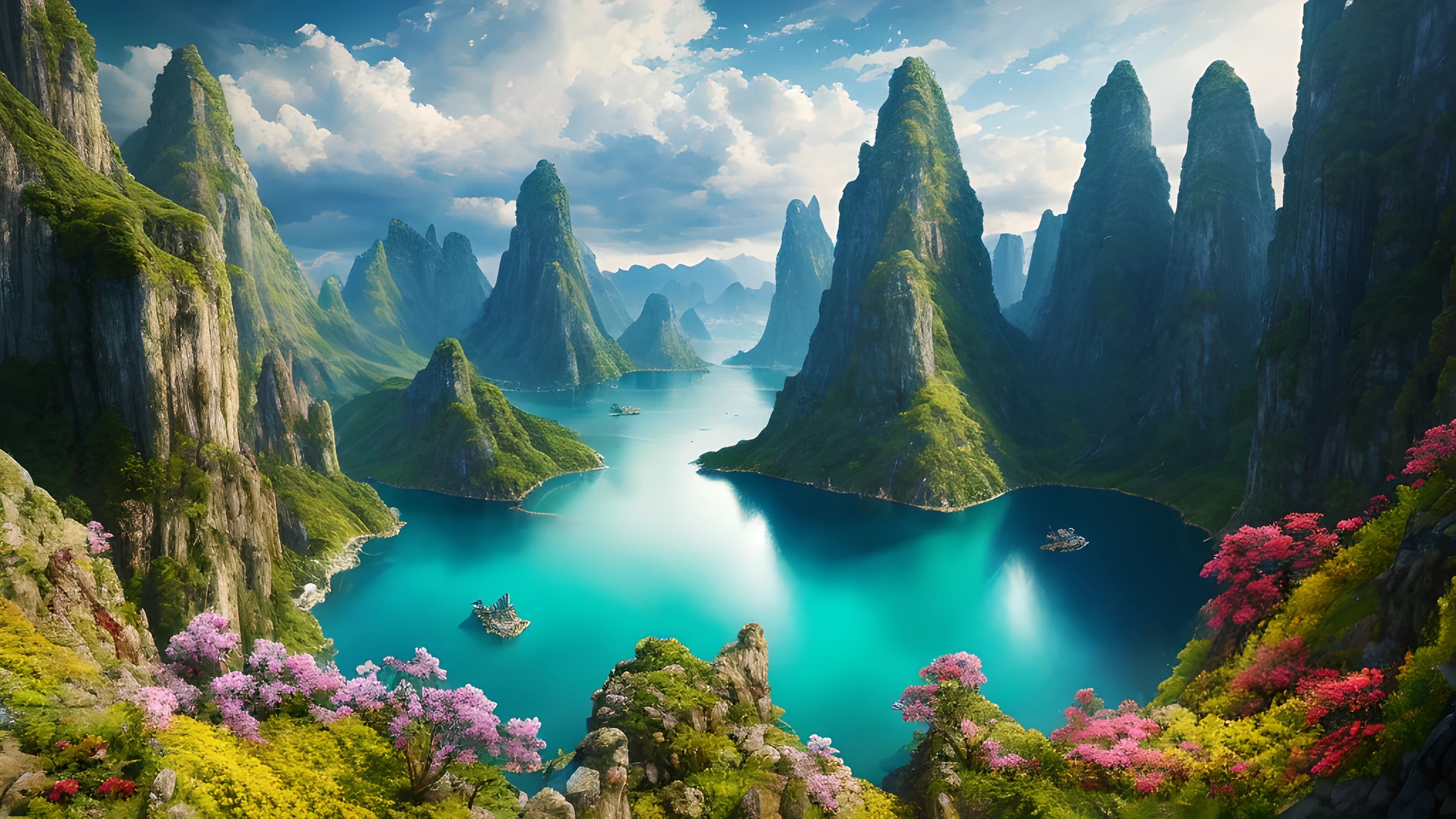 masterpiece, best quality, high quality, Extremely detailed CG unified 8k wallpaper, landscape, outdoor, Sky, cloud, Sky, no humans, Mountain, landscape, water, Tree, blue Sky, waterfall, cliff, nature, Chinese architecture, lake, river, cloudy skies, Award-winning photography, Bokeh, depth of field, high dynamic range, bloom, Color difference, photorealism, Very detailed, Popular topics on ArtStation, Trending on CGSociety, complex, high detail, dramatic, midway art