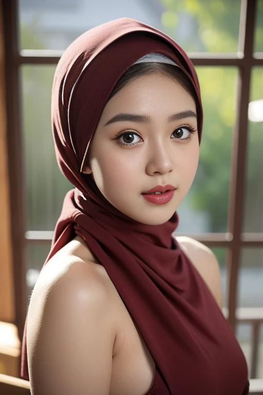 Half body portrait of a 22 years old malay woman, wearing hijab but naked, narrow waist, indoor shot, soft lighting, smirk face, big breast, blushy, chubby, looking at the viewer. (Skin details:1.3), harden nipples, part lips, maroon lipstick, seductive with bokeh camera background