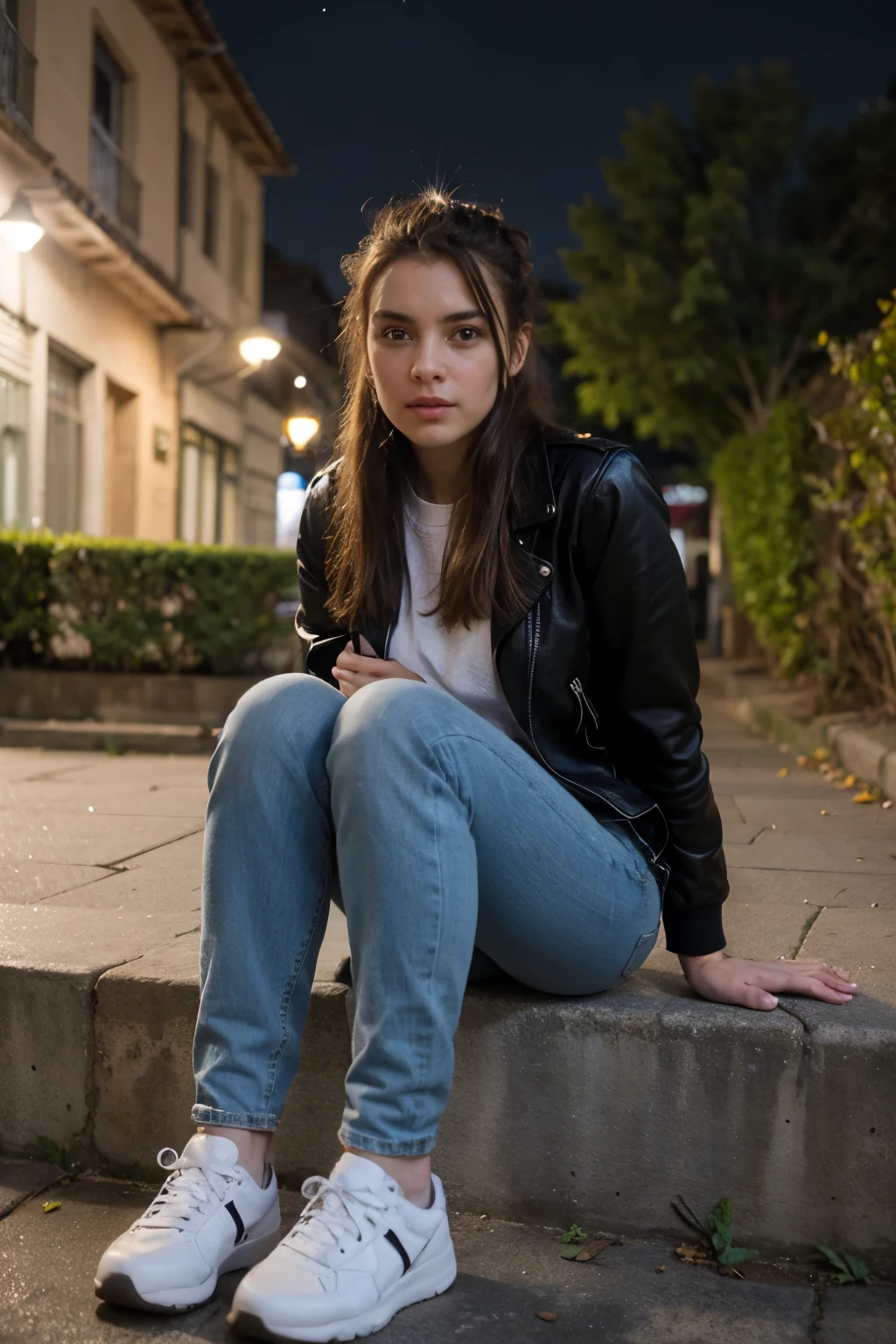 ((Mejor calidad)), ((obra maestra)), (detallado), cara perfecta, sexy woman, dressed in tight denim jeans, sitting wearing a leather jacket, at night, lights, hair up and white sneakers. standing in a park in the city of Cusco, you can't see her hands, it's night, she hides her hands, real, realistic, great detail