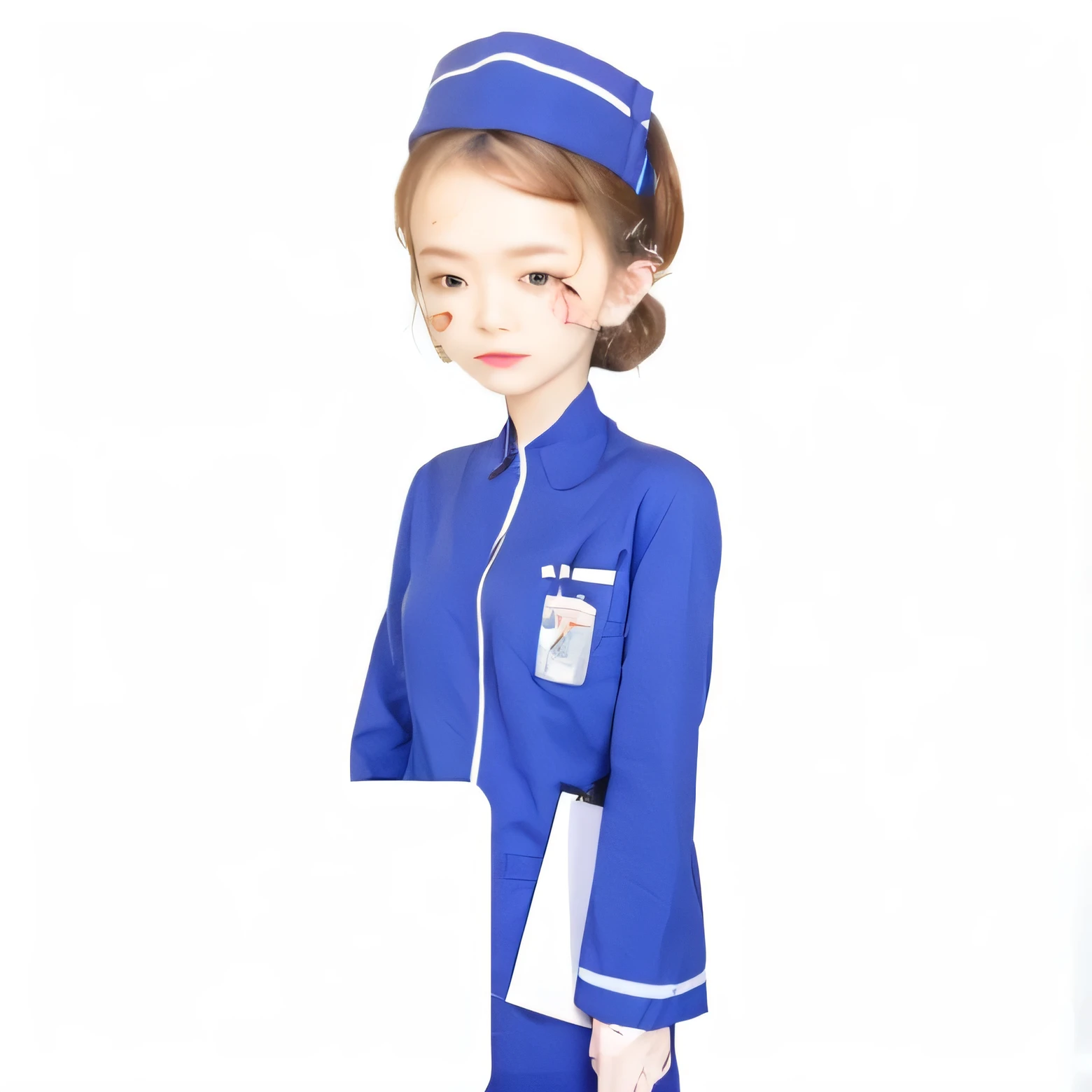Nurse costume, black hair, blue eyes, medical accessories, caring expression, ambient light, cinematic angle, high resolution.