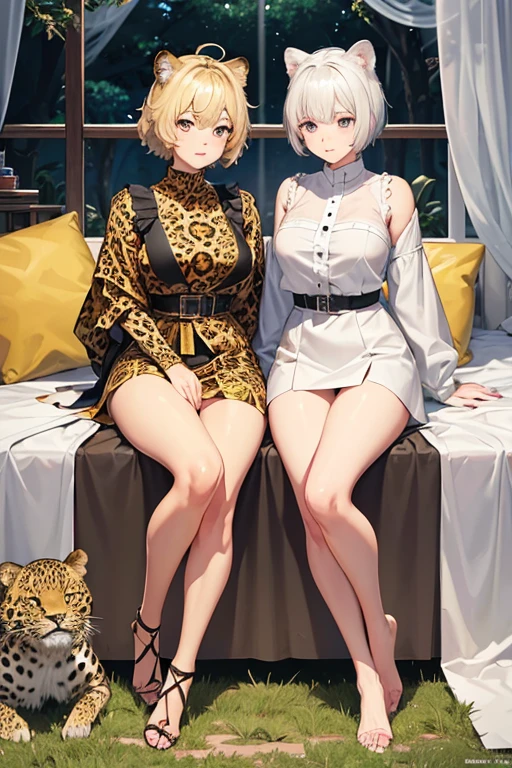 masterpiece、highest quality、High resolution、High quality images、8K、１landmine＆2. Leopard、detailed、目のdetailedな描写、skin luster、shiny hair、Full body Esbian、platinum blonde short hair、Soft bristles、Nomiya、grassland、barbarian、Trust relationships