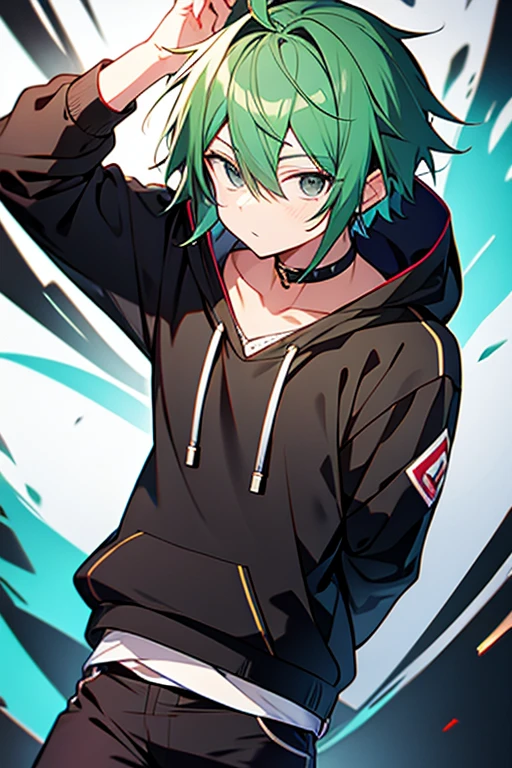 Anime boy with green hair and black eyes, 2d anime style, 2d anime, 2D art, 2 d art, 2 d digital, 2 d style, anime moe art style, Anime boy,cute,hoodie