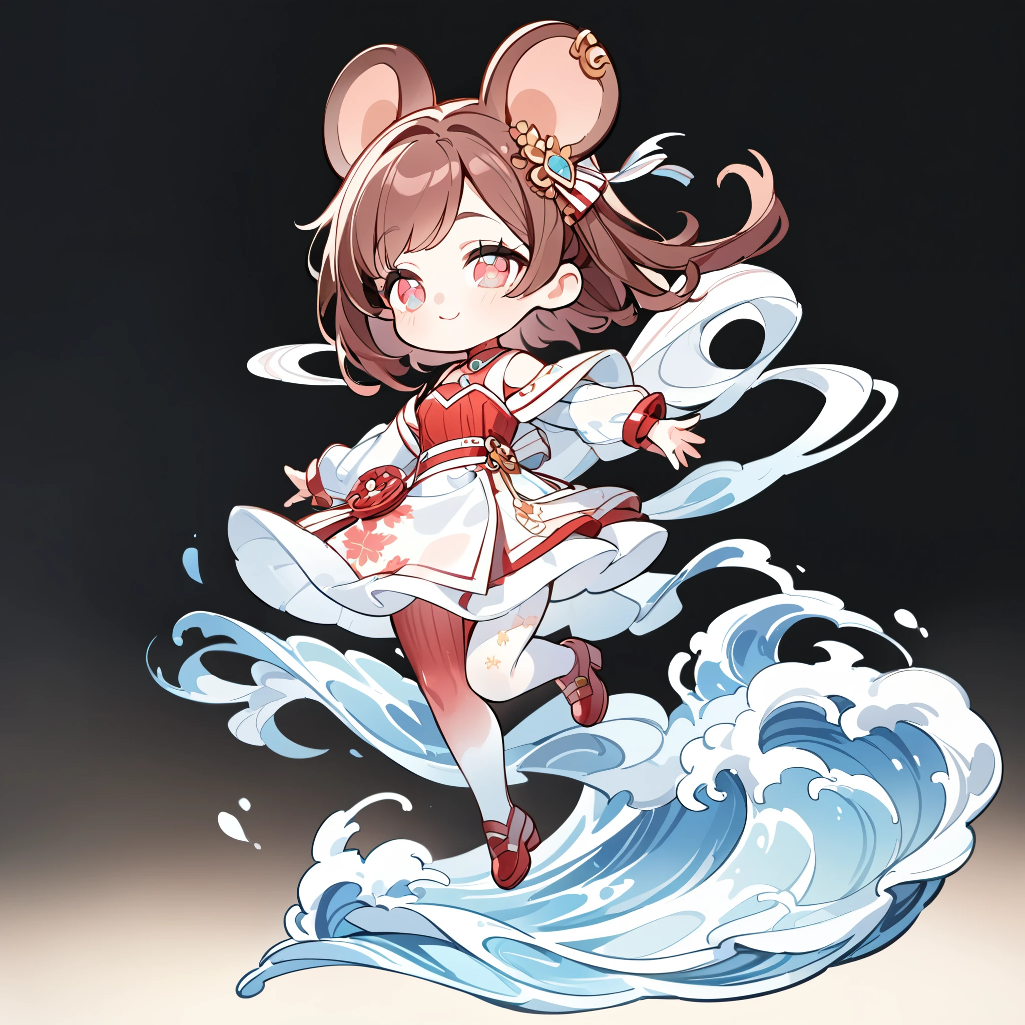 super high quality，Depth of detail，Q version three-headed body、Mouse ears、Jump，wave，transparent watercolor、girl、jewel eye、Beautiful arrangement and theme、Writing limit depth、Flat avatar, 1girl, （short brown hair）， hair tip white,Fashionable design clothing(red and white)),background white、 可爱的girl, modest dress, Sakura pantyhose