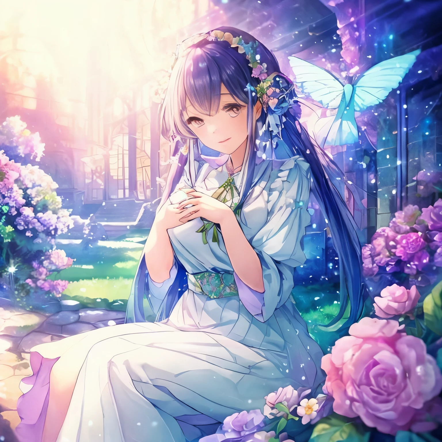 (high quality, 8K), (soft light), Rainbow-colored, one girl, detailed face, fine eyes, watercolor paiting, so magical and dreamy, dreamy and detailed, dreamy atmosphereとドラマ, gorgeous atmosphere, Fantastic and beautiful lighting, dreamy atmosphere, beautiful atmosphere, dreamy romantic, Fantastic and dreamy theme, magical atmosphere, beautiful atmosphere, anime background art, magical atmosphere + table top, dreamy aesthetics, Beautiful details with atmosphere, lots of flowers, bubble, water, flower garden, sitting on the ground, shining eyes