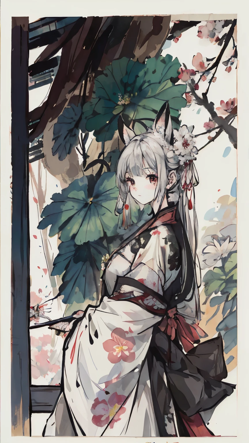 ((4K、masterpiece、top-quality))、ink and watercolor painting、Traditional Chinese Ink Painting、lotuses、torii gate、Maxi Kit、shrine maiden clothe、 1boys, solo, white hair, Fox ears, bule, florals, Lots of flowers nearby, Looking at the front、Fox Face, sakura, cherry, cherry blossom