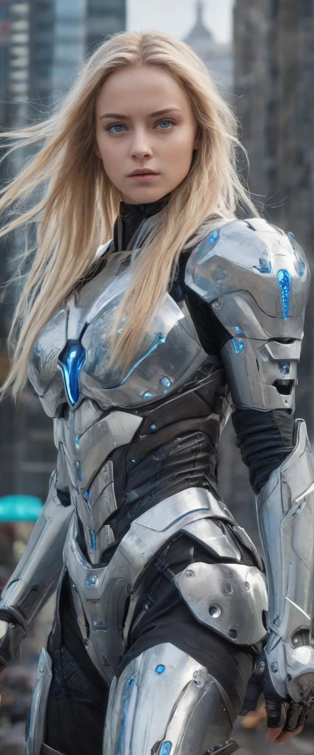 ((best quality)), ((masterpiece)), (detailed), perfect face, (best quality, highres, realistic), girl, blue eyes, blond hair, long hair, flowing hair, futuristic armor, full body, fighting pose, standing, futuristic city background,