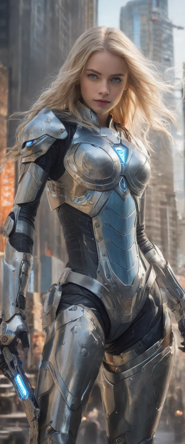 ((best quality)), ((masterpiece)), (detailed), perfect face, (best quality, highres, realistic), girl, blue eyes, blond hair, long hair, flowing hair, futuristic armor, full body, fighting pose, standing, futuristic city background,