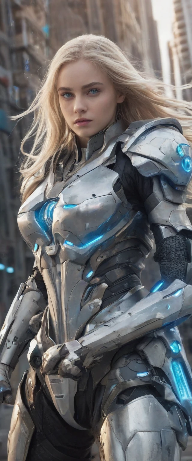 ((best quality)), ((masterpiece)), (detailed), perfect face, (best quality, highres, realistic), girl, blue eyes, blond hair, long hair, flowing hair, futuristic armor, full body, fighting pose, standing, futuristic city background,