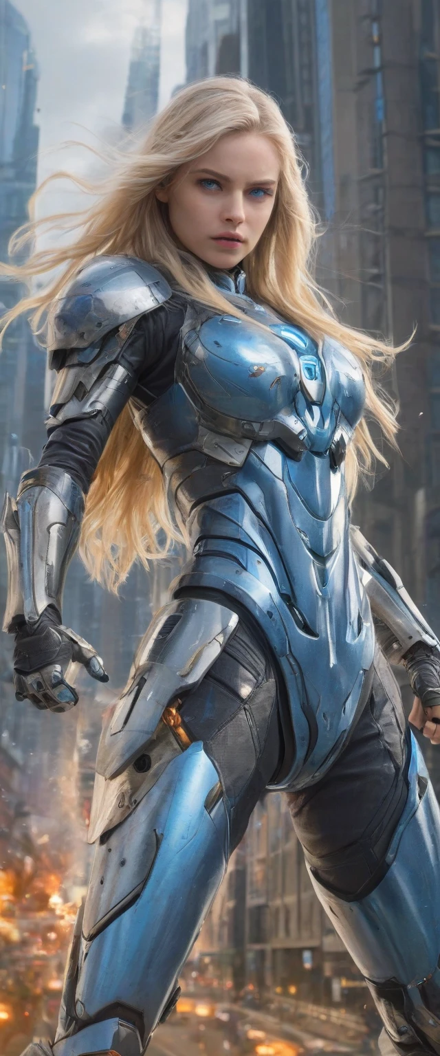 ((best quality)), ((masterpiece)), (detailed), perfect face, (best quality, highres, realistic), girl, blue eyes, blond hair, long hair, flowing hair, futuristic armor, full body, fighting pose, standing, futuristic city background,