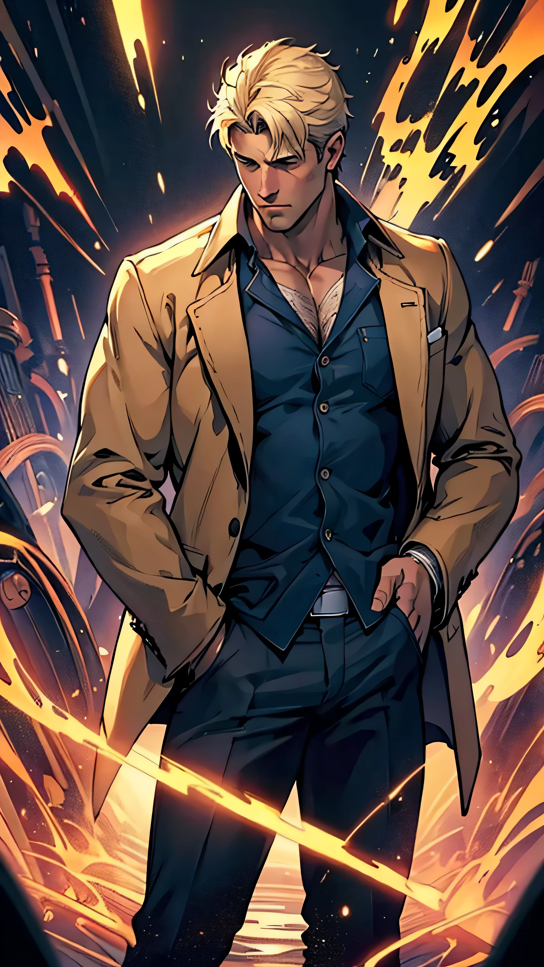 Best quality, (masterpiece:1.1576),(high resolusion:1.2155), (ultra detailed 8k art:1.05), john constantine,magic circle, hands in pocket, two hands