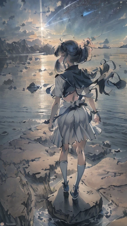 Anime girl standing on rocks on circular light background, anime style 4k, anime art wallpaper 8k, anime girl with space hair, anime art wallpaper 4k, anime art wallpaper 4k, anime wallpaper 4k, anime wallpaper 4k, fantastic anime, 4k anime wallpaper, anime moe art style, epic anime artwork, anime lighting、NSFW, (8K, RAW photo, highest quality, masterpiece:1.2), (realistic, Photoreal:1.37), super detailed, 1 girl, solo, cute, beautiful detailed sky,near sky,back view