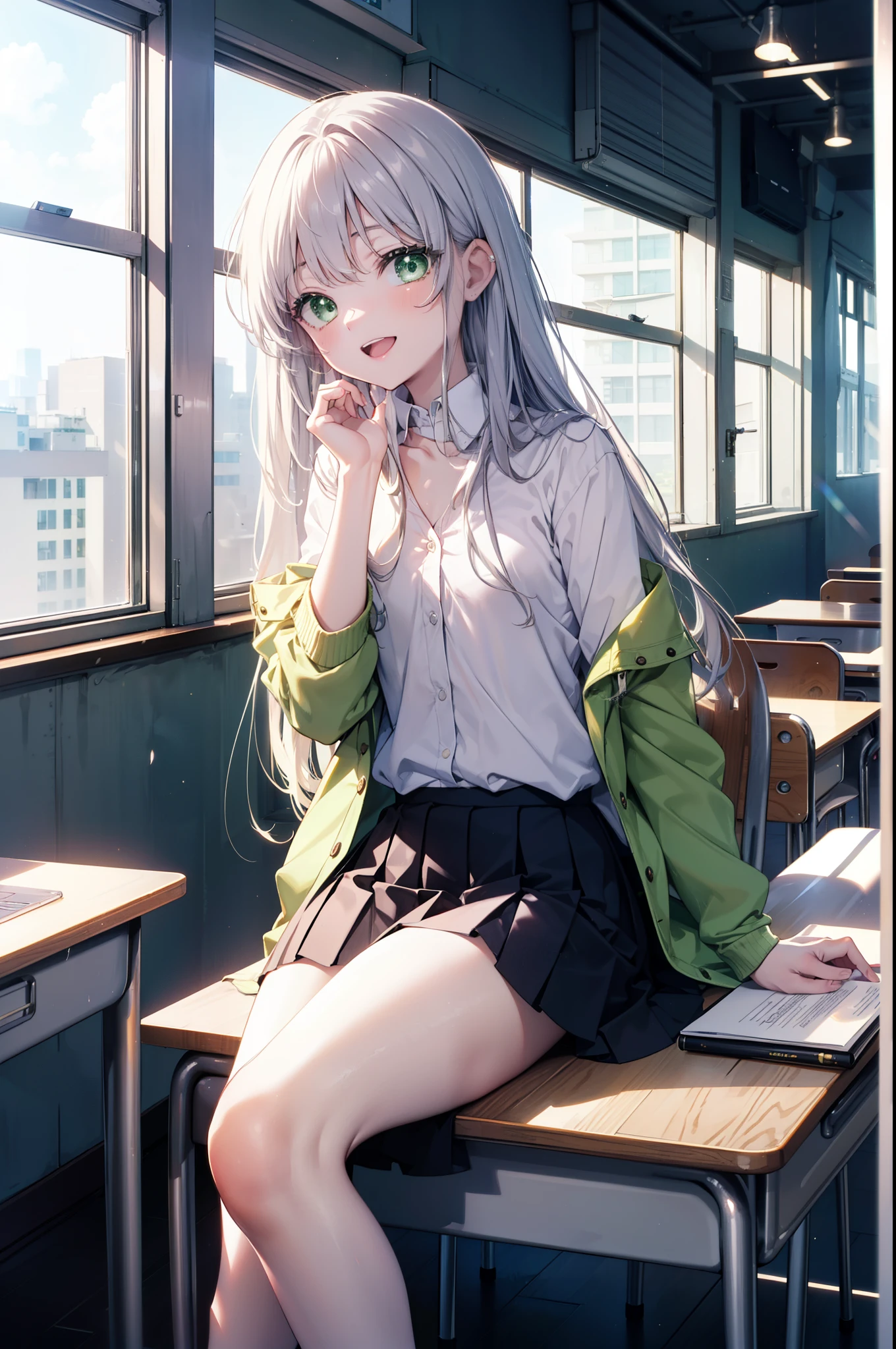 index, index, (green eyes:1.5), silver hair, long hair, (flat chest:1.2),happy smile, smile, open your mouth,White Y-shirt,yellow blazer,black pleated skirt,black pantyhose,brown loafers,sitting cross-legged on a chair,There is a textbook on the desk,daytime,
break looking at viewer, Upper body, whole body,
break indoors, School classroom,
break (masterpiece:1.2), highest quality, High resolution, unity 8k wallpaper, (figure:0.8), (detailed and beautiful eyes:1.6), highly detailed face, perfect lighting, Very detailed CG, (perfect hands, perfect anatomy),