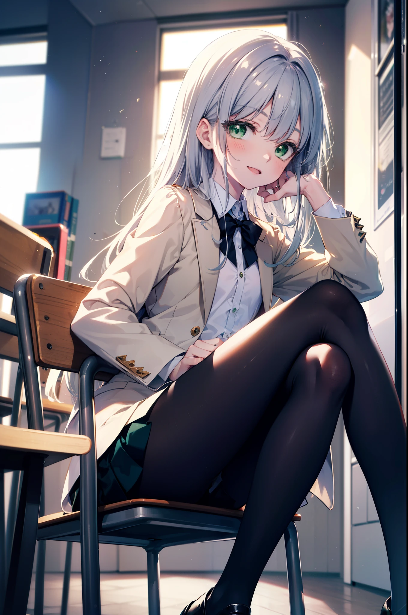 index, index, (green eyes:1.5), silver hair, long hair, (flat chest:1.2),happy smile, smile, open your mouth,White Y-shirt,yellow blazer,black pleated skirt,black pantyhose,brown loafers,sitting cross-legged on a chair,There is a textbook on the desk,daytime,
break looking at viewer, Upper body, whole body,
break indoors, School classroom,
break (masterpiece:1.2), highest quality, High resolution, unity 8k wallpaper, (figure:0.8), (detailed and beautiful eyes:1.6), highly detailed face, perfect lighting, Very detailed CG, (perfect hands, perfect anatomy),