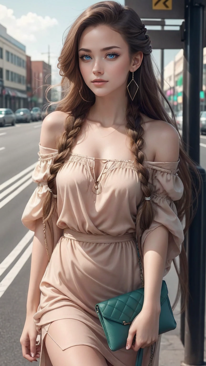(最high quality, 8K, masterpiece: 1.3, Ultra HD, high quality, 最high quality, High resolution, realism)) 、25 year old white woman、brunette、blue eyes、long hair、smile、slender、slenderだがアスリートのような細マッチョ、I don&#39;t want my head to disappear from the screen.、Wear accessories on your wrist、Wearing red nail polish、I have a peticure、Wear a sheer, off-the-shoulder bodycon top、wear sandals、have a clutch bag、Skyscraper background、Waiting for a traffic light at an intersection、crystal earrings((crystal earrings))、inner color((colored inner hair))、long hair ((long hair))、Crown Raid((crown braid))、dark blonde