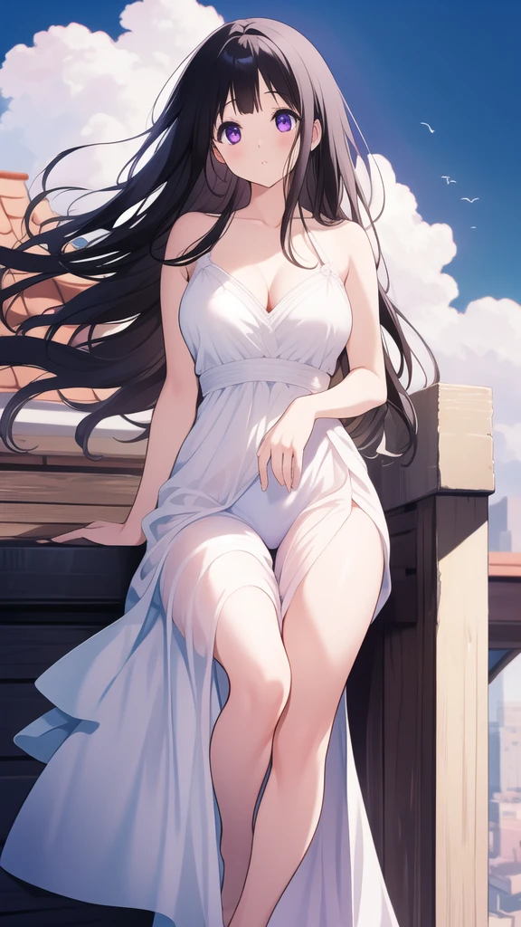 Stunning Chitanda, There is only one beautiful girl,purple eyes, black hair, Naturally straight hair, straight bangs,extremely refined,lips open,flowing long hair,Peerless beautiful girl, dreamlike,Slim,soft, (Sensual), (kawaii), Dream quality,white dress,On the rooftop,bare shoulders,Clavicle exposed,bare neck,Bare thighs,Exposing the groin,camel toe,bare legs,barefoot,extremely shy,ultra high resolution, (masterpiece:1.2, best quality), (Exquisite and beautiful eyes: 1.2), (Beautiful and delicate face)