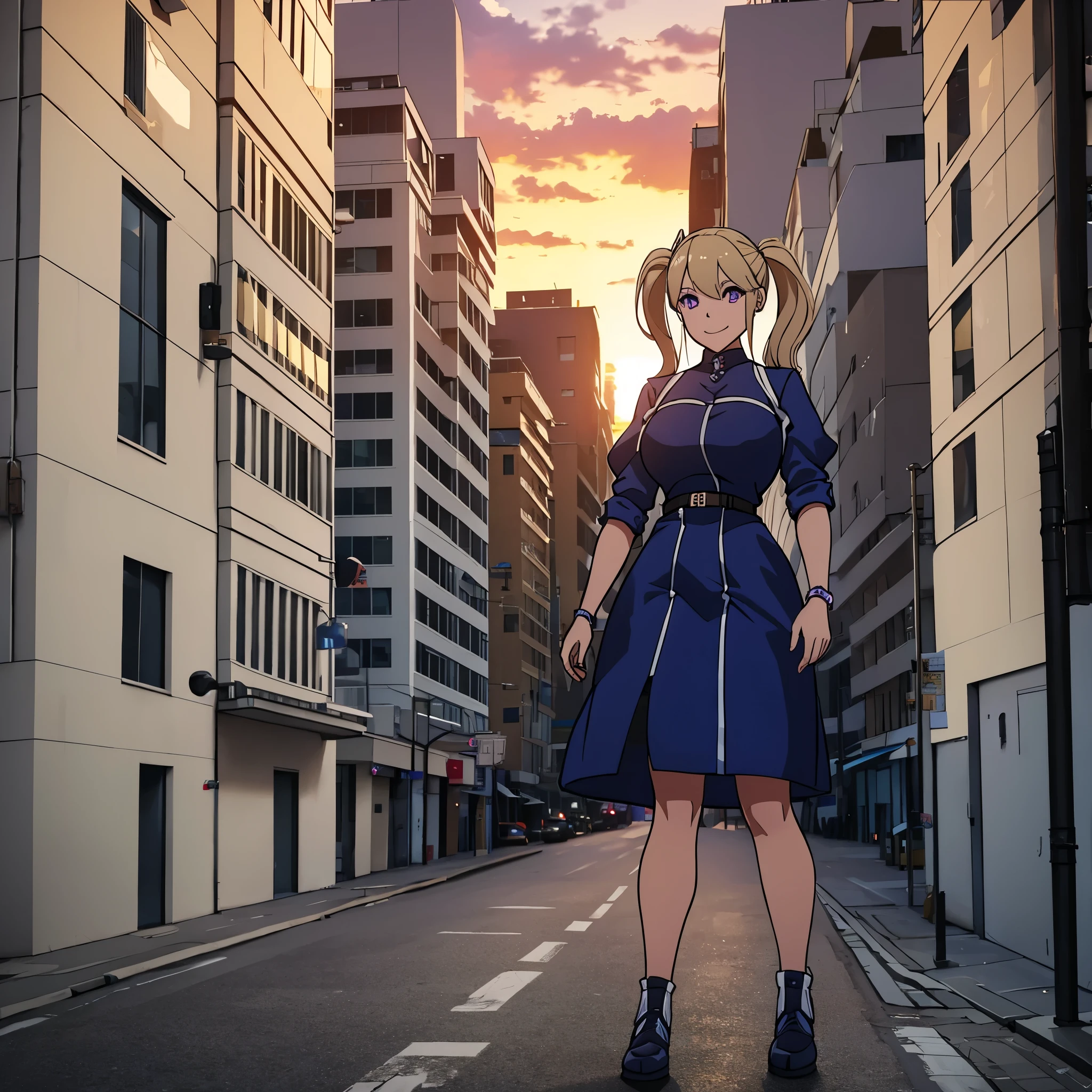 A woman wearing a dark blue military dress with white details, purple eyes, beige blonde hair, pigtails, smiling, walking on a sidewalk in a big city, large buildings around, at sunset, lighting, HDR. ultra resolution, masterpiece, perfect, very detailed, 8k hd (just a woman, solo)
