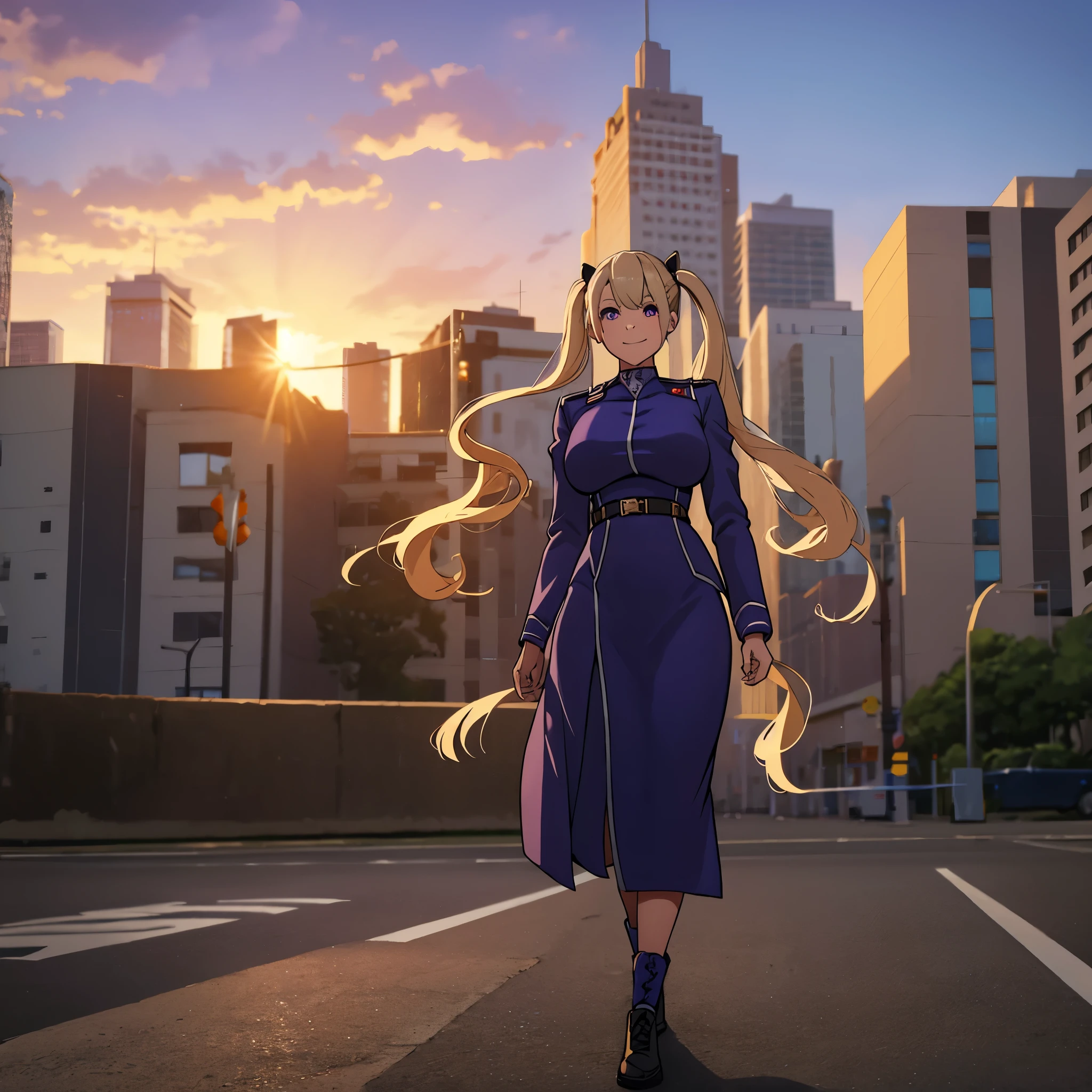 A woman wearing a dark blue military dress with white details, purple eyes, beige blonde hair, pigtails, smiling, walking on a sidewalk in a big city, large buildings around, at sunset, lighting, HDR. ultra resolution, masterpiece, perfect, very detailed, 8k hd (just a woman, solo)
