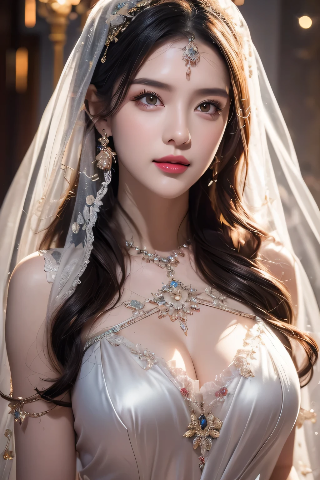 High-quality work，Realistic works，Super premium graphics，8K HD CG works，high quality graphics，High-definition and exquisite CG works，10x pixels，Ultra-fine details：1.1，Advanced technical details：1.1Realistic photo effects，Interior lighting effects：1.5，natural soft light：1.5. Light effect（Virtual light effects：1.8），ultra high resolution，shining dress，sliver long hair，silber hair，transparenthair，high detailed hair（Quality hair details：1.1）Clear eyes，Double eyelids look good，Sharp eye makeup, Create exquisite eyelash makeup, tthin eyebrows, Ultra-detailed eyes，a tall nose, lovely red lips, rosey cheeks, With delicate makeup on her face , pretty face, The face shape is perfectly proportioned,（Advanced facial details：1.1）Black hair, Gradient hair, There are precious stones on the forehead, rimless eyewears, mouth veil, Sparkling pupils，long eyelasher, grin, hyper photorealism, Cinematic lighting, projected inset, surrealism, hyper HD, Masterpiece, 16k，Lie down，dream on，Wear transparent silk pajamas，entangled，Tattooed with，Fantasy space，Luxurious space, ，Women's artwork，Dress full body video，Realism，Amazing Cleavage，My eyes are very bright today
