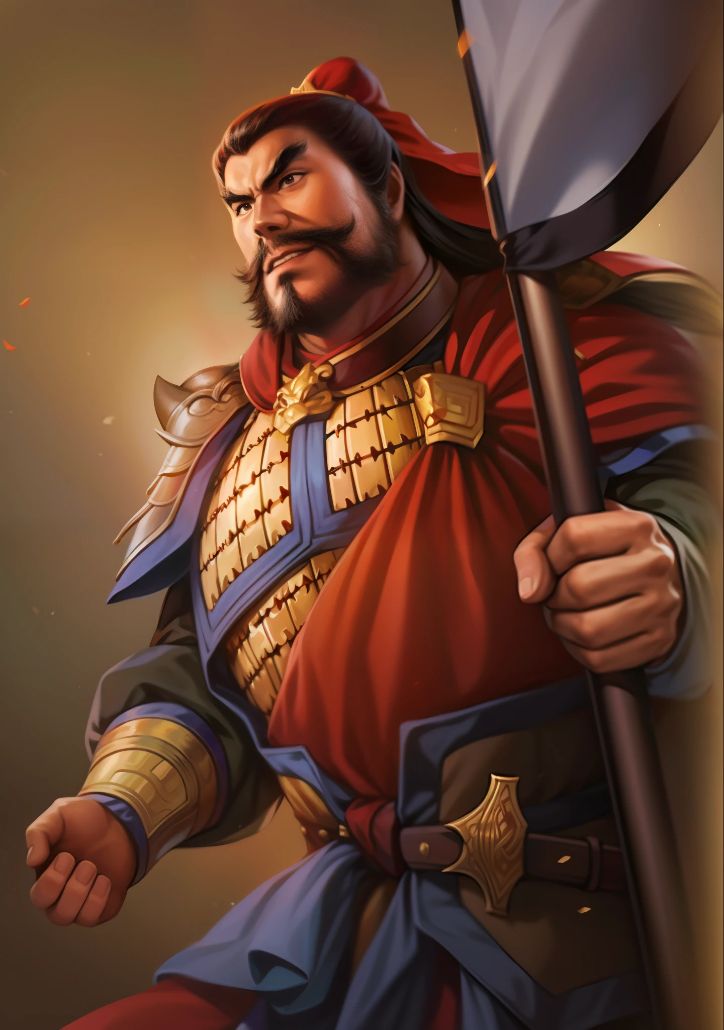 A painting of a man wearing a red cloak holding a sword, Guan yu, bian lian, Inspired by Hu Zaobin, Inspired by Li Kan, Inspired by Huang Shen, inspired by Li Gonglin, Inspired by Huang Ding, Mongol, , Nalanbato Gumbold, feng shu, Inspired by Wu Bin