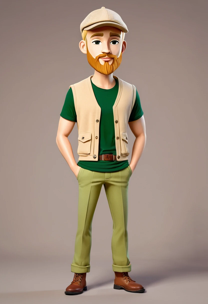make a blonde man, short hair, full beard, beige hat, beige vest, green t-shirt and beige pants full body cartoon style