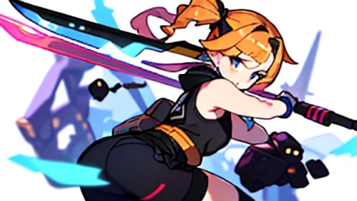 (((8k,Best Quality)), Masterpiece, outdoor, girl, holding sword, dynamic pose, bare legs, bare shoulders, bare arms, variety of hairstyles, variety of hairstyles, solo, twin-tail hair style, pony-tail hair, wavy long hair, braid, parted bangs, high ponytail, low ponytail, big hair, cornrows, hair bun, hair rings, half updo hairstyle, diagonal bangs, two side up hair, flipped hair, blunt bangs, brown hair color, red hair color, yellow hair color, white hair color, purple hair color, blue hair color, white background, blurry background,