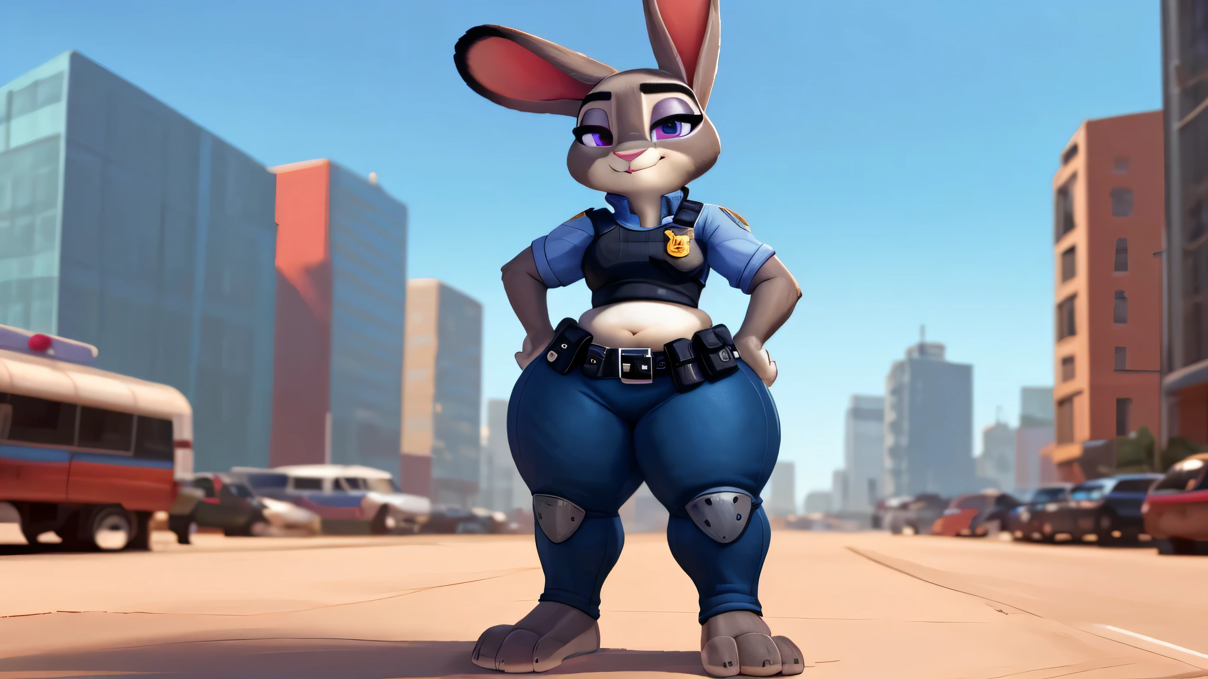 [Judy Hopps], [carregado para e621.liquid; (Pixelsketcher), (wamudraws), (siroque)], ((obra de arte)), ((High definition)), ((high resolution)), ((retrato solo)), ((corpo todo)), ((vista frontal)), ((visible feet)), ((peludo; antropo)), ((pele detalhada)), ((sombreamento detalhado)), ((beautiful rendering art)), {antropo rabbit; pelo cinza, nariz preto, (orelhas de coelho multicoloridas), (curvy hips), (Lindas pernas), (beautiful feet), (lindos olhos roxos), (sorriso fofo)}, {(uniforme policial), (ZPD Police Badge), (tight blue pants)}, {(standing), (hands on hips), olhando para o espectador)}, [fundo; (cidade zootopia), (skyscrapers), (blue sky), (raios solares)], super obese, fat bunny, sexy pose, cute face, wide waist, thunder thighs, fat thighs, massive , fat arms