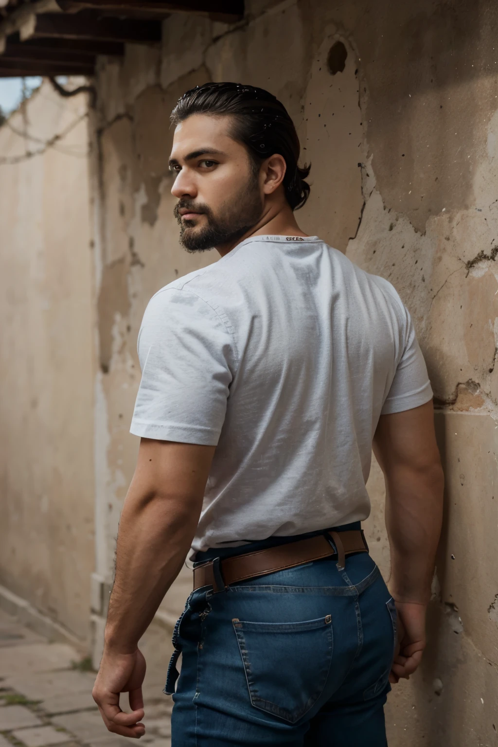 retrato de Richard, un hombre guapo mayor , pelo de sal y pimienta , barba mediana , wearing jeans with a big black belt , vistiendo una camisa a cuadros roja. Nalgas grandes de hombre. Backside nalgon, mismo modelo