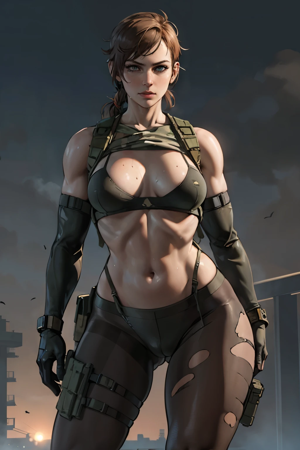 digital art, MGS V Quiet, masterpiece, best quality, y pose, (ripped pane), at night military base, wet skin