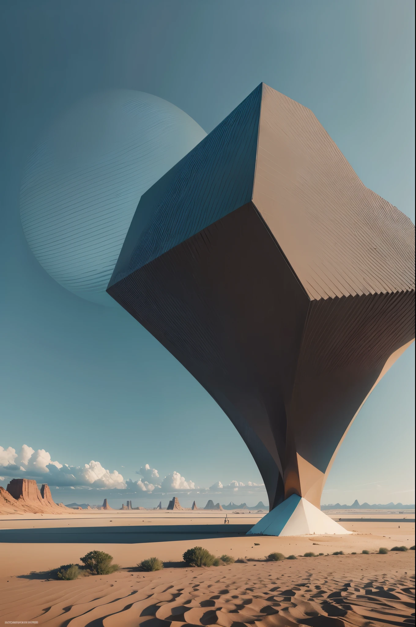 Visualize a massive geometric shape that dominates the landscape with its imposing presence. Picture a colossal structure, perfectly symmetrical and constructed with precision, standing tall against the horizon.Envision a giant geometric shape such as a towering cube, a massive pyramid, or a colossal sphere. This shape is composed of smooth, flawless surfaces that reflect light, creating a mesmerizing play of shadows and highlights.Imagine the structure's immense size, dwarfing everything around it. It may be surrounded by a barren desert, lush greenery, or even floating above a serene body of water. The contrast between the shape and its surroundings enhances its visual impact, making it a focal point of awe and curiosity.Picture the edges and corners of the geometric shape sharp and defined, accentuating its geometric perfection. The surface may be adorned with intricate patterns or textures, adding depth and complexity to its appearance.Consider the materials used in the construction of this giant geometric shape. It could be made of sleek metallic alloys, translucent glass, or even a combination of natural and synthetic materials, further emphasizing its futuristic or otherworldly nature.As you observe this enormous structure, imagine the sense of wonder and intrigue it evokes. Its sheer size and geometric form challenge our perception of space and reality, inviting contemplation and exploration.Allow yourself to be captivated by the simplicity and elegance of this giant geometric shape, appreciating its aesthetic beauty and the skill involved in its creation. Whether it serves a functional purpose or stands as an abstract work of art, it leaves a lasting impression on all who encounter it.