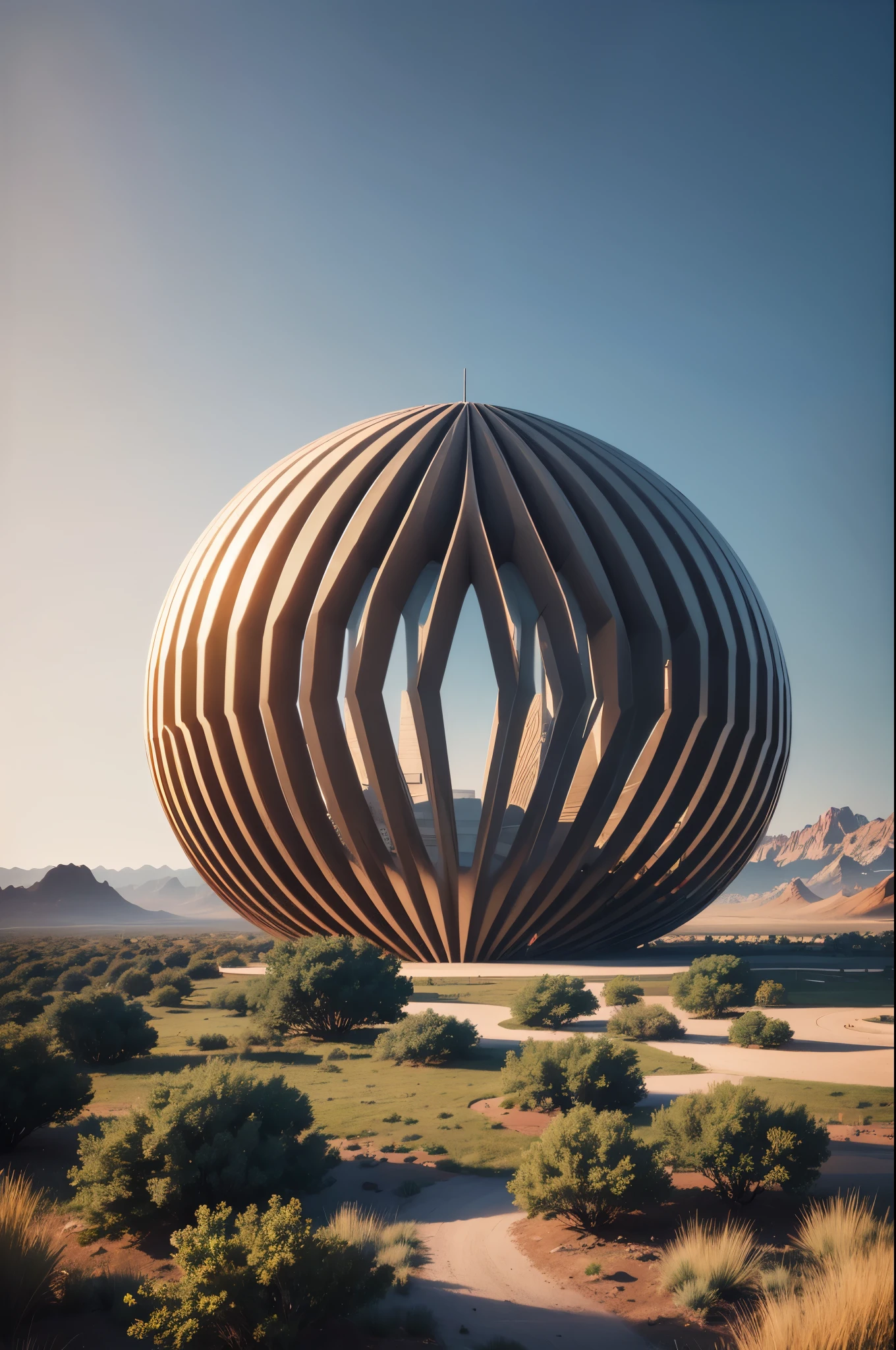 Visualize a massive geometric shape that dominates the landscape with its imposing presence. Picture a colossal structure, perfectly symmetrical and constructed with precision, standing tall against the horizon.Envision a giant geometric shape such as a towering cube, a massive pyramid, or a colossal sphere. This shape is composed of smooth, flawless surfaces that reflect light, creating a mesmerizing play of shadows and highlights.Imagine the structure's immense size, dwarfing everything around it. It may be surrounded by a barren desert, lush greenery, or even floating above a serene body of water. The contrast between the shape and its surroundings enhances its visual impact, making it a focal point of awe and curiosity.Picture the edges and corners of the geometric shape sharp and defined, accentuating its geometric perfection. The surface may be adorned with intricate patterns or textures, adding depth and complexity to its appearance.Consider the materials used in the construction of this giant geometric shape. It could be made of sleek metallic alloys, translucent glass, or even a combination of natural and synthetic materials, further emphasizing its futuristic or otherworldly nature.As you observe this enormous structure, imagine the sense of wonder and intrigue it evokes. Its sheer size and geometric form challenge our perception of space and reality, inviting contemplation and exploration.Allow yourself to be captivated by the simplicity and elegance of this giant geometric shape, appreciating its aesthetic beauty and the skill involved in its creation. Whether it serves a functional purpose or stands as an abstract work of art, it leaves a lasting impression on all who encounter it.
