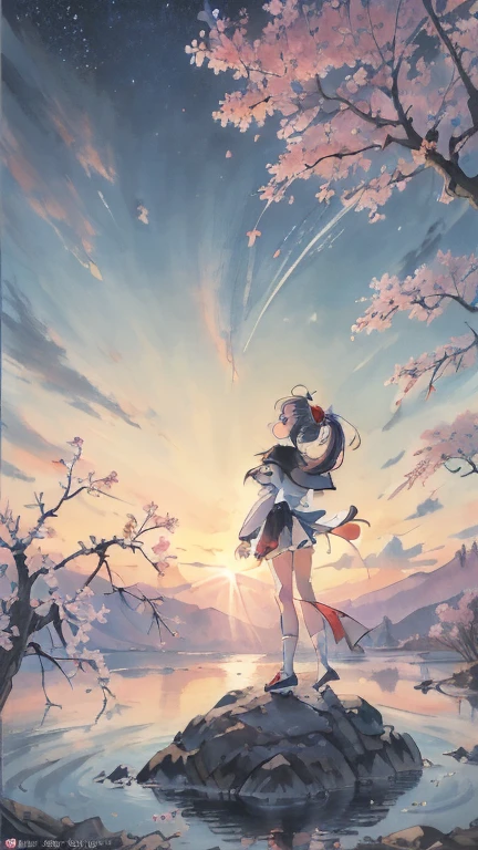 Anime girl standing on rocks on circular light background, anime style 4k, anime art wallpaper 8k, anime girl with space hair, anime art wallpaper 4k, anime art wallpaper 4k, anime wallpaper 4k, anime wallpaper 4k, fantastic anime, 4k anime wallpaper, anime moe art style, epic anime artwork, anime lighting、NSFW, (8K, RAW photo, highest quality, masterpiece:1.2), (realistic, Photoreal:1.37), super detailed, 1 girl, solo, cute, beautiful detailed sky,near sky,back view,Mainly cherry blossoms