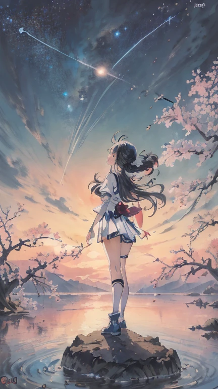 Anime girl standing on rocks on circular light background, anime style 4k, anime art wallpaper 8k, anime girl with space hair, anime art wallpaper 4k, anime art wallpaper 4k, anime wallpaper 4k, anime wallpaper 4k, fantastic anime, 4k anime wallpaper, anime moe art style, epic anime artwork, anime lighting、NSFW, (8K, RAW photo, highest quality, masterpiece:1.2), (realistic, Photoreal:1.37), super detailed, 1 girl, solo, cute, beautiful detailed sky,near sky,back view,Mainly cherry blossoms